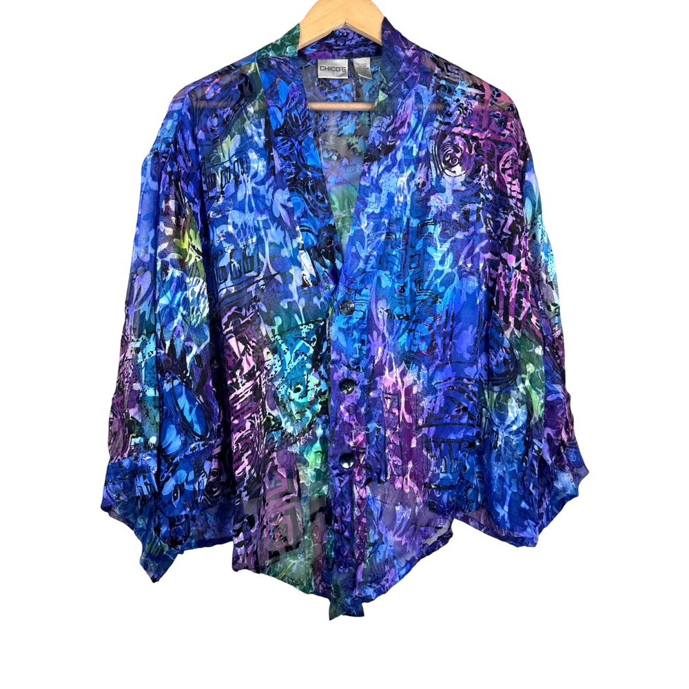 Chico's burnt velvet lagen look button shirt sz Size XL‎ Blue Purple floral Silk